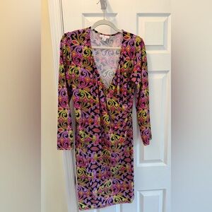 Jude Connally Multicolor Printed Faux Wrap Dress Stretch V Neck Women's XL